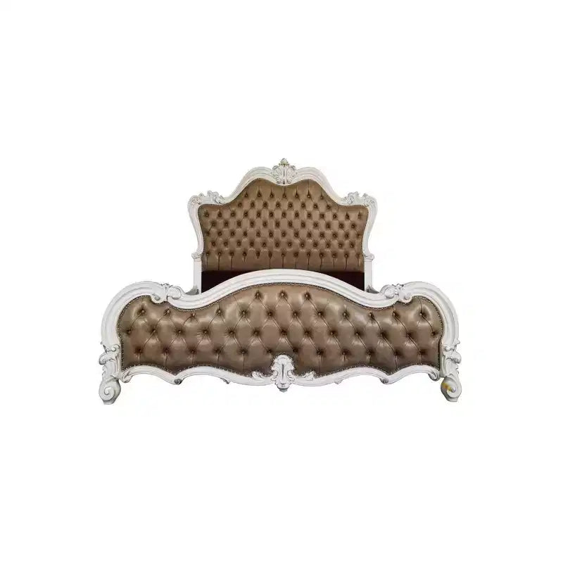 Lit en cuir synthétique gris et finition blanc cassé