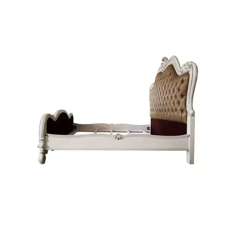 Lit en cuir synthétique gris et finition blanc cassé