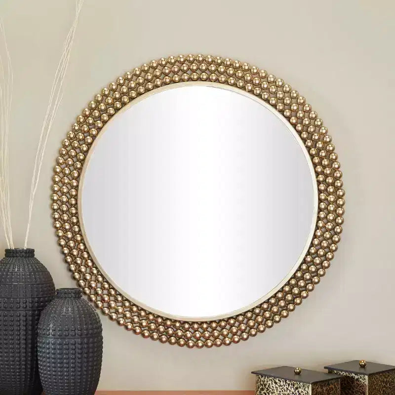 Miroir Mural Rond en Métal avec Détails Perles