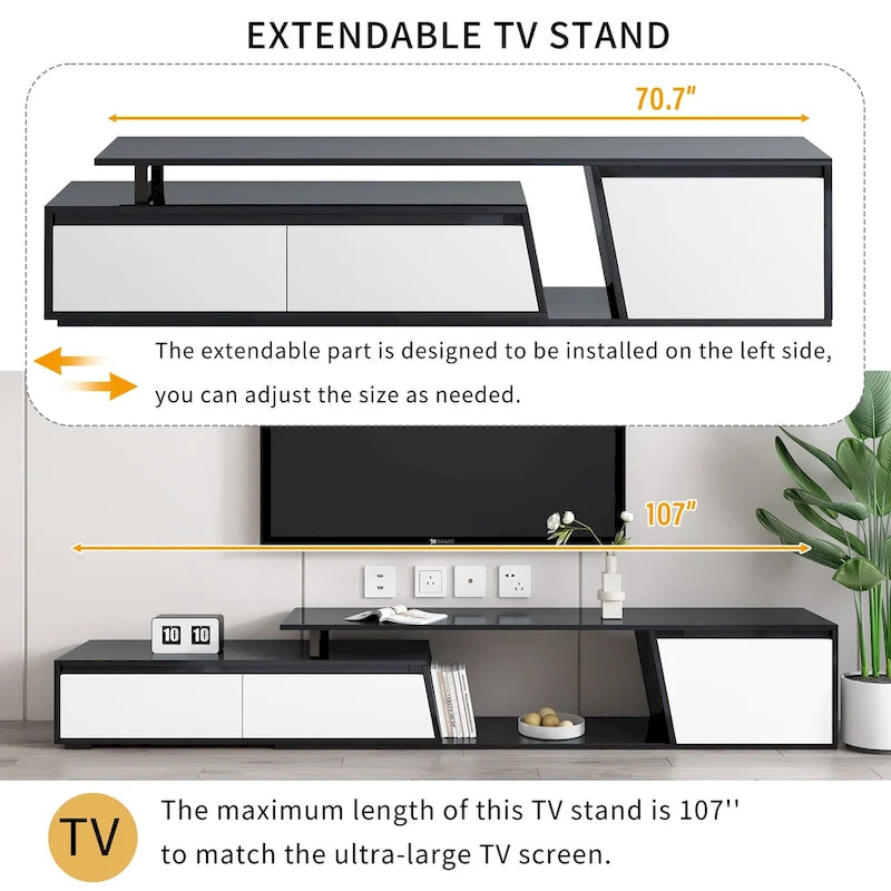 Modern Minimalist Rectangle Extendable 100 inch TV Stand with Two Drawers - 15.70 x 70.70 x 15.70