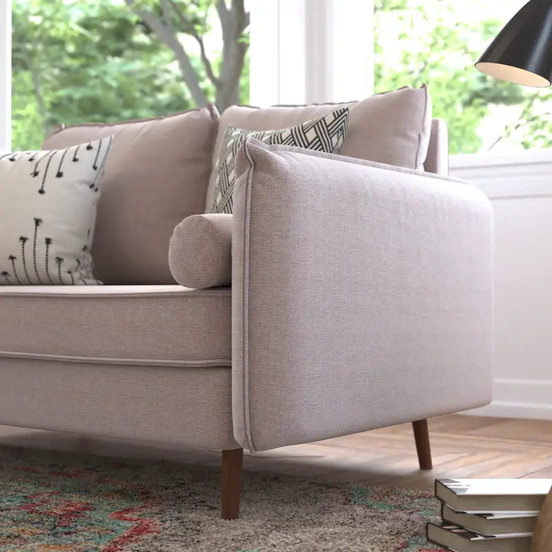 Compact Faux Linen Upholstered Loveseat with Wooden Legs