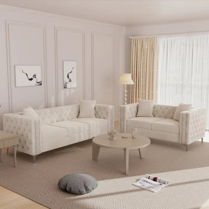 Morden Fort Modern 2 Pieces of Loveseat and Sofa Couch Set with Dutch Velvet Beige, Iron Legs