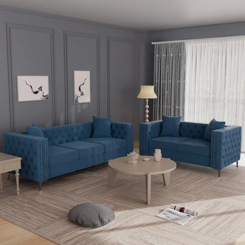 Morden Fort Modern 2 Pieces of Loveseat and Sofa Couch Set with Dutch Velvet Beige, Iron Legs