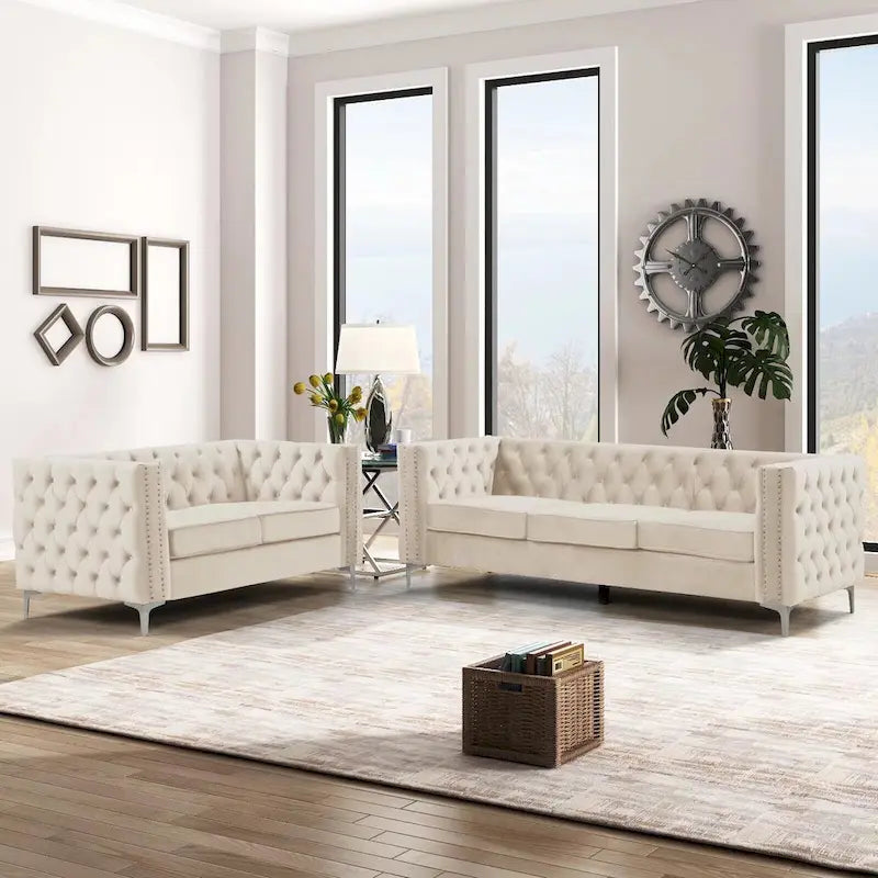 Morden Fort Modern 2 Pieces of Loveseat and Sofa Couch Set with Dutch Velvet Beige, Iron Legs