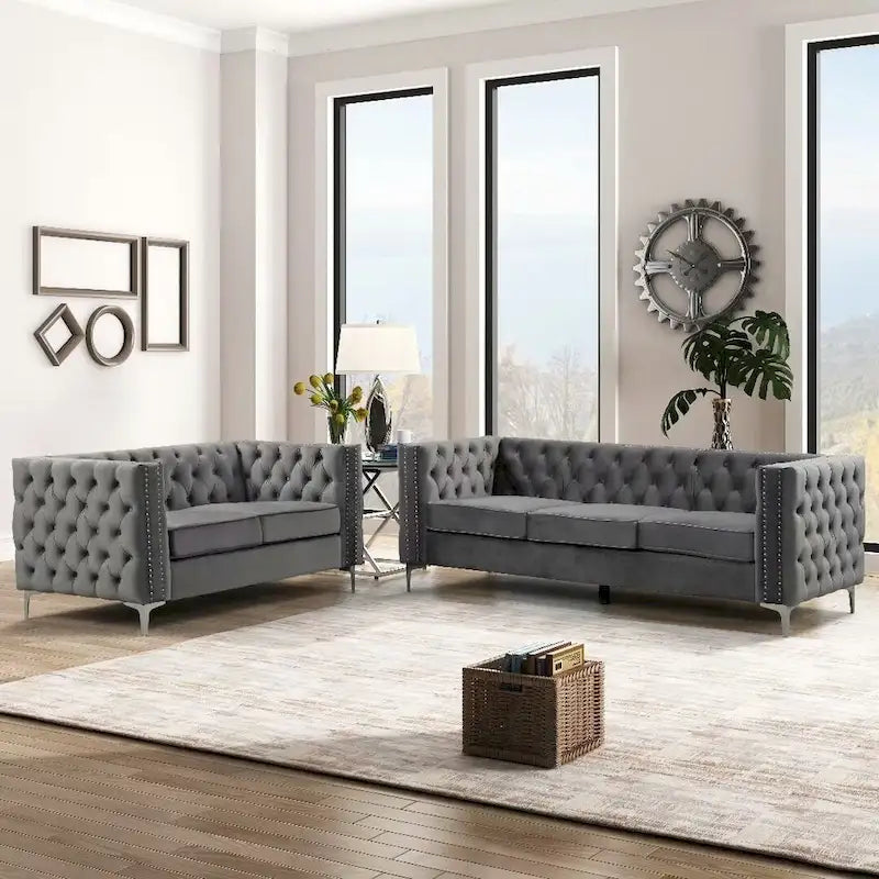 Morden Fort Modern 2 Pieces of Loveseat and Sofa Couch Set with Dutch Velvet Beige, Iron Legs