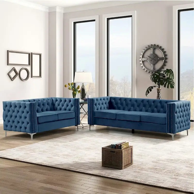 Morden Fort Modern 2 Pieces of Loveseat and Sofa Couch Set with Dutch Velvet Beige, Iron Legs