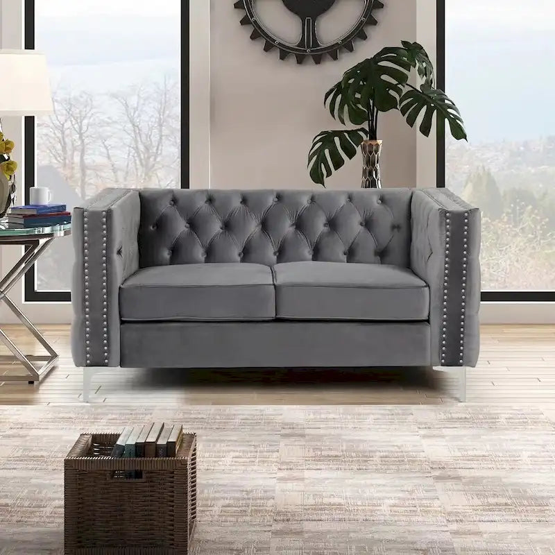Morden Fort Modern 2 Pieces of Loveseat and Sofa Couch Set with Dutch Velvet Beige, Iron Legs