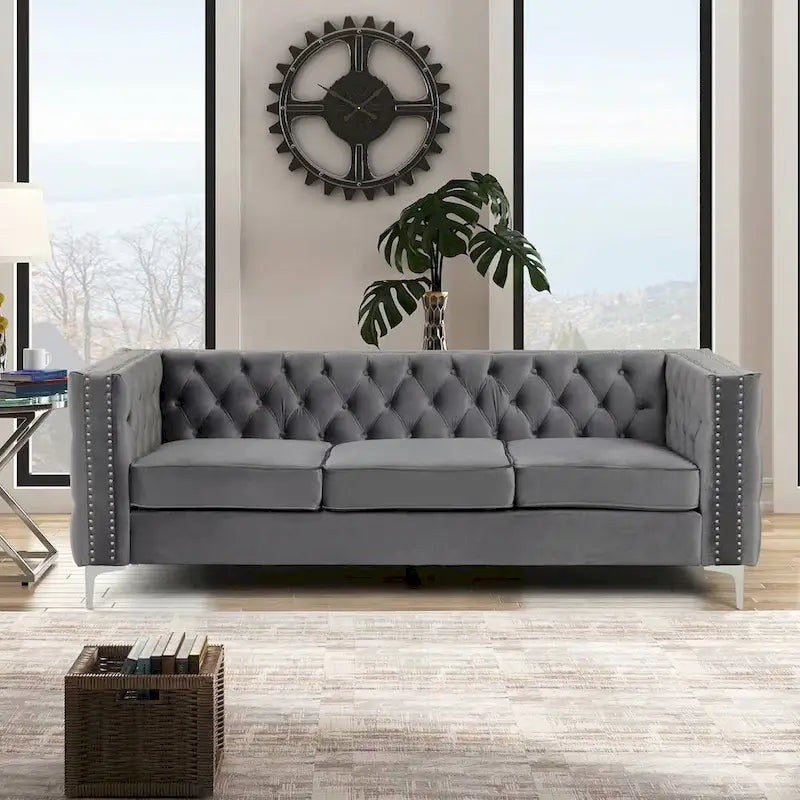 Morden Fort Modern 2 Pieces of Loveseat and Sofa Couch Set with Dutch Velvet Beige, Iron Legs