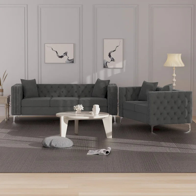 Morden Fort Modern 2 Pieces of Loveseat and Sofa Couch Set with Dutch Velvet Beige, Iron Legs