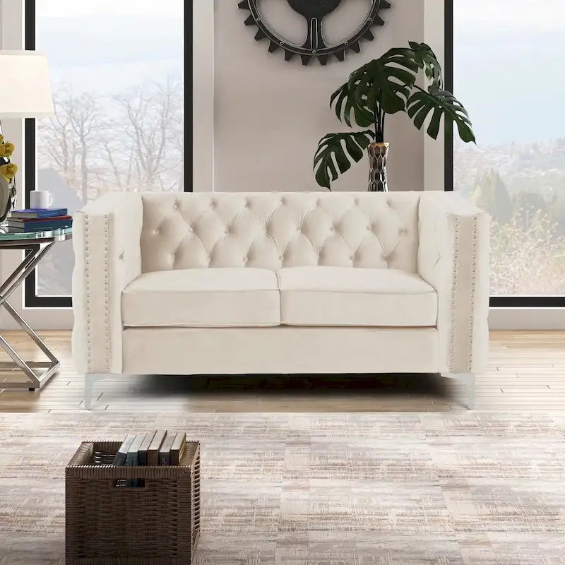 Morden Fort Modern 2 Pieces of Loveseat and Sofa Couch Set with Dutch Velvet Beige, Iron Legs