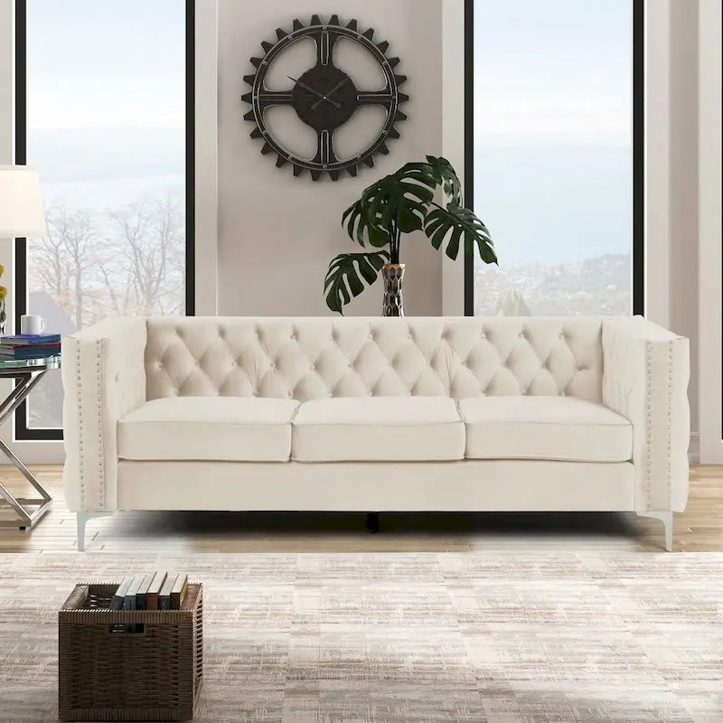Morden Fort Modern 2 Pieces of Loveseat and Sofa Couch Set with Dutch Velvet Beige, Iron Legs