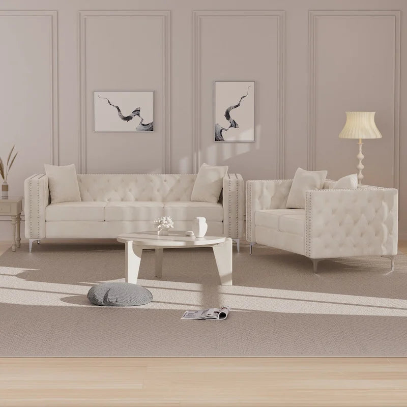 Morden Fort Modern 2 Pieces of Loveseat and Sofa Couch Set with Dutch Velvet Beige, Iron Legs