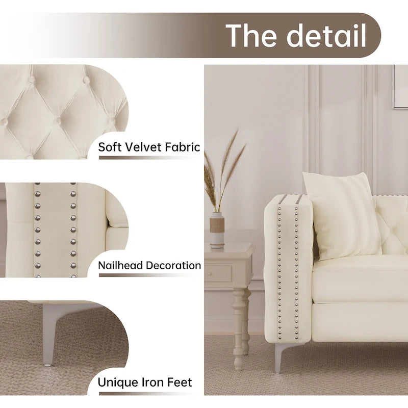 Morden Fort Modern 2 Pieces of Loveseat and Sofa Couch Set with Dutch Velvet Beige, Iron Legs