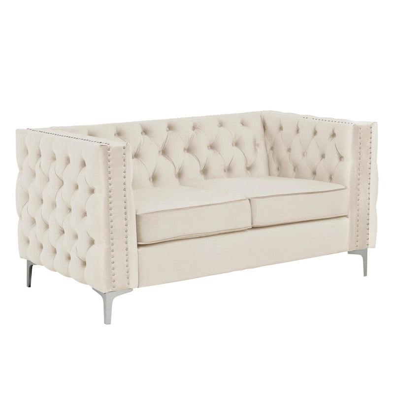 Morden Fort Modern 2 Pieces of Loveseat and Sofa Couch Set with Dutch Velvet Beige, Iron Legs