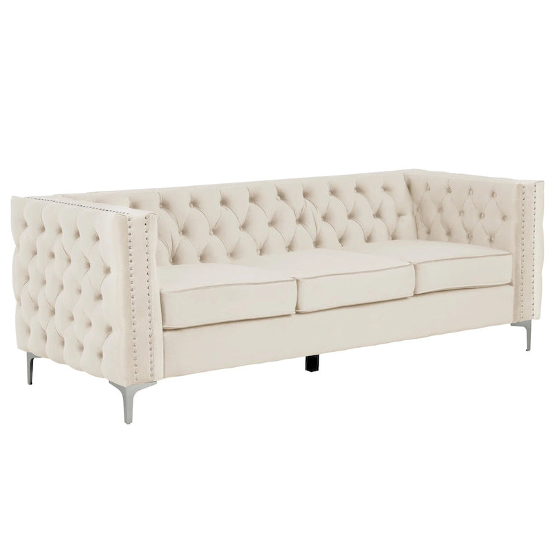Morden Fort Modern 2 Pieces of Loveseat and Sofa Couch Set with Dutch Velvet Beige, Iron Legs