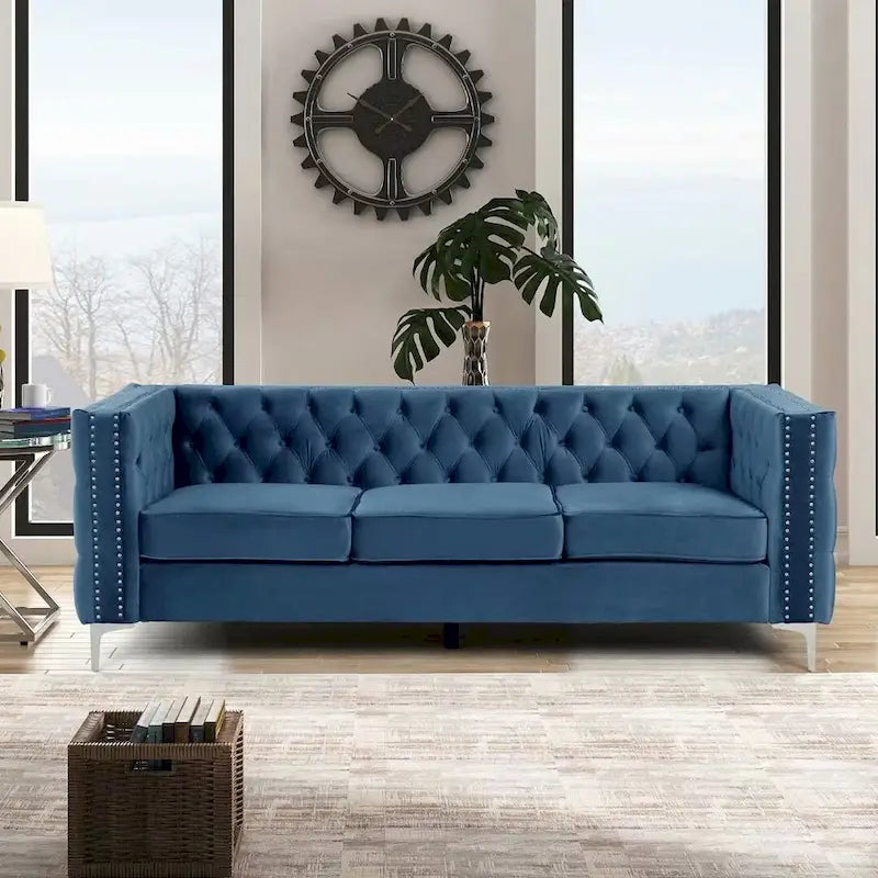 Morden Fort Modern 2 Pieces of Loveseat and Sofa Couch Set with Dutch Velvet Beige, Iron Legs