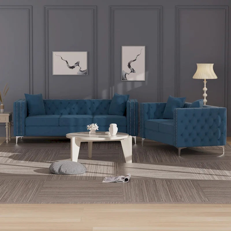 Morden Fort Modern 2 Pieces of Loveseat and Sofa Couch Set with Dutch Velvet Beige, Iron Legs
