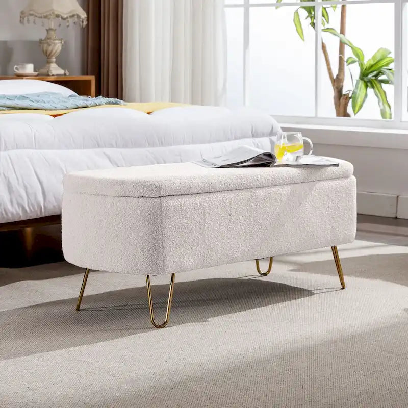 Faux Fur Entryway Bench Padded with Storage