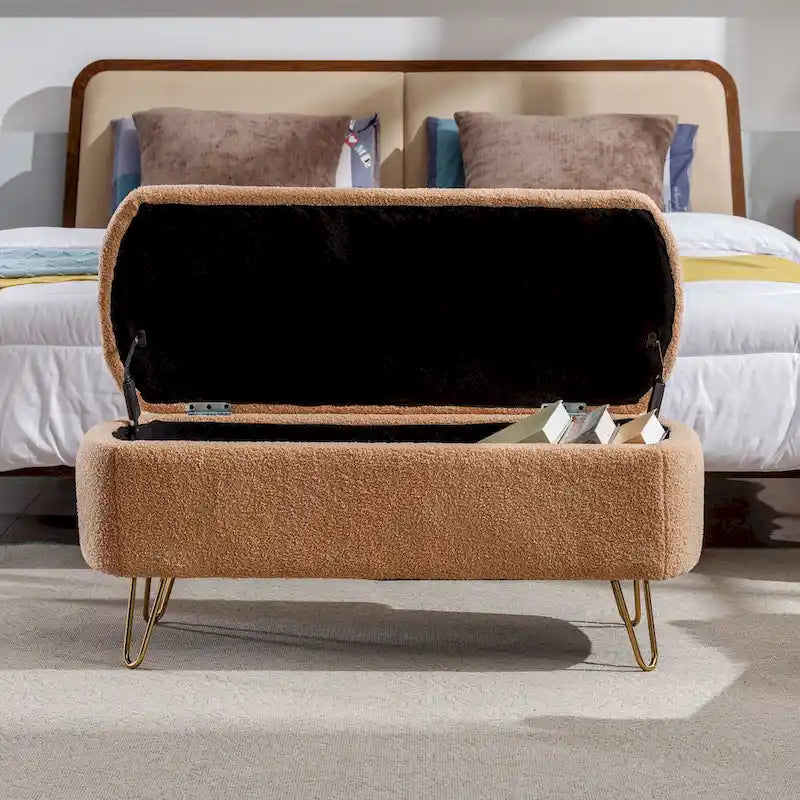 Faux Fur Entryway Bench Padded with Storage