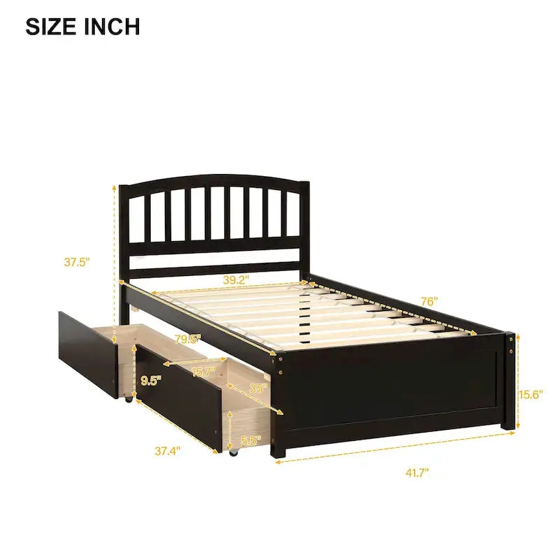Nestfair Twin Size Wood Platform Bed with Two Drawers and Headboard