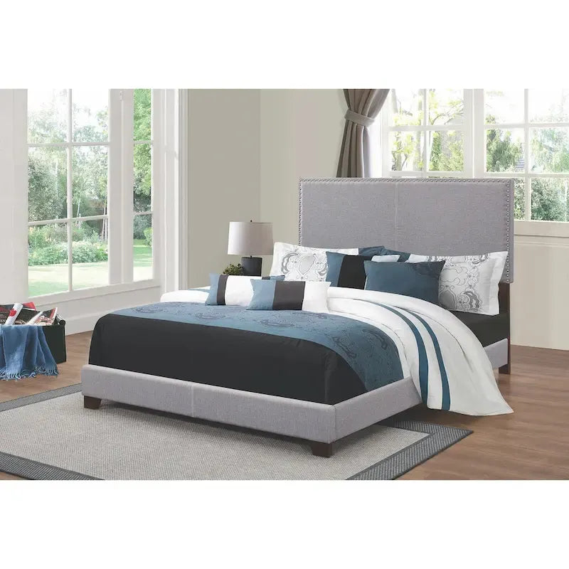Modern Design Grey Upholstered Bed with Nailhead Trim