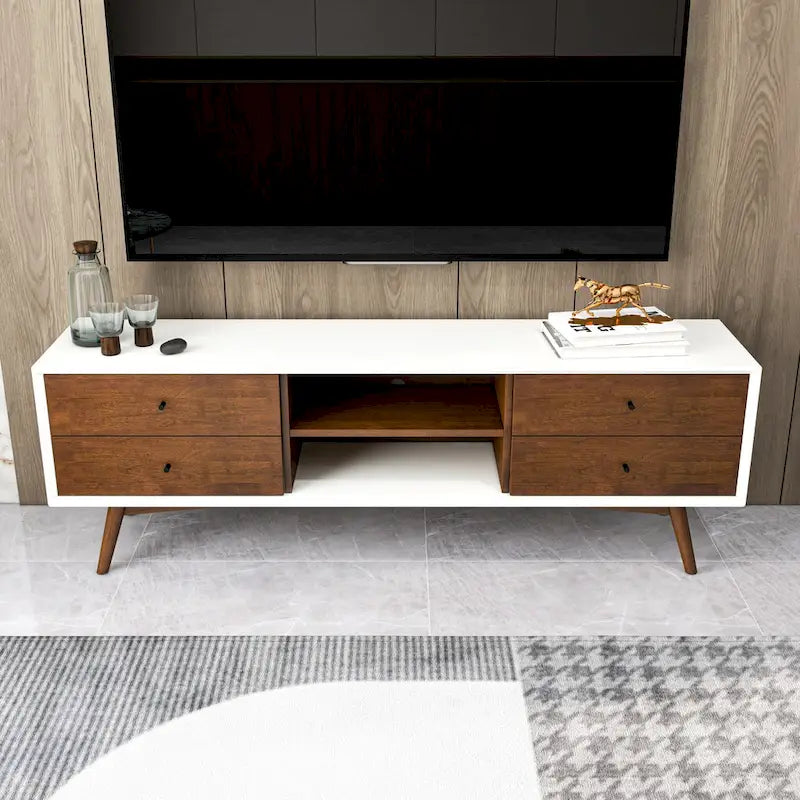 Novel Mid Century White Tv Stand With Solid Wood Frame TV Stand with 6 Storage Cabinet , Modern Walnut TV Console