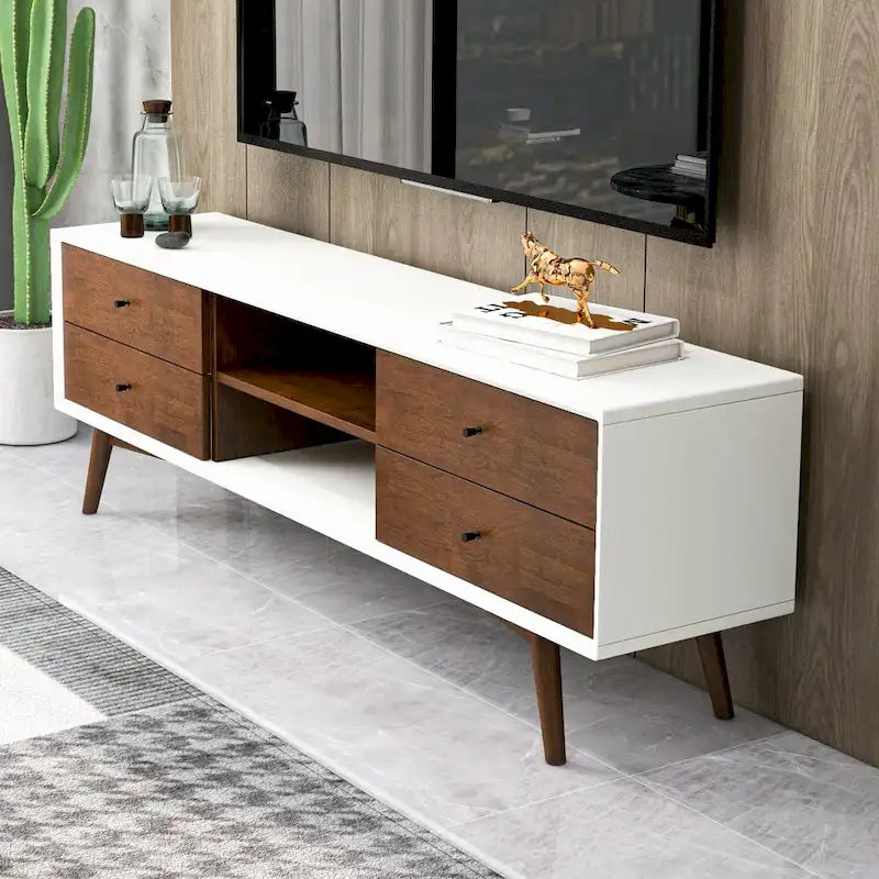 Novel Mid Century White Tv Stand With Solid Wood Frame TV Stand with 6 Storage Cabinet , Modern Walnut TV Console