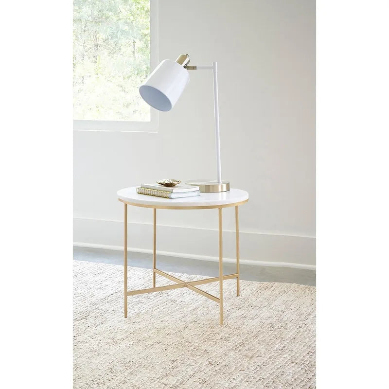 Round Faux Marble End Table with Metal Legs in White and Gold