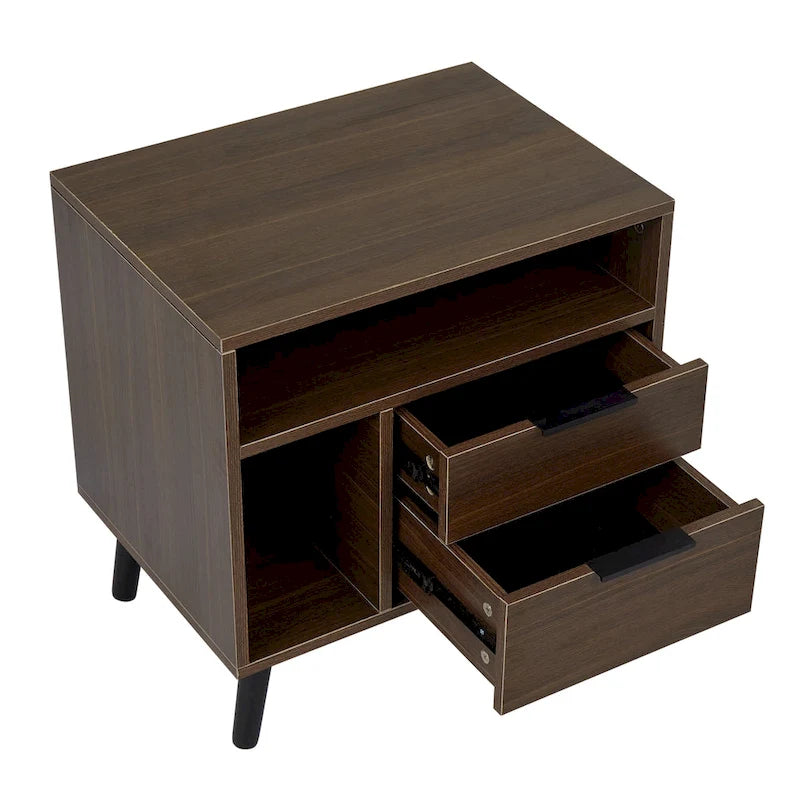 Kinbor Rustic Brown Nightstand, 2-Drawer Night Table with Storage Shelf, End Table for Bedroom Living Room (Set of 2)