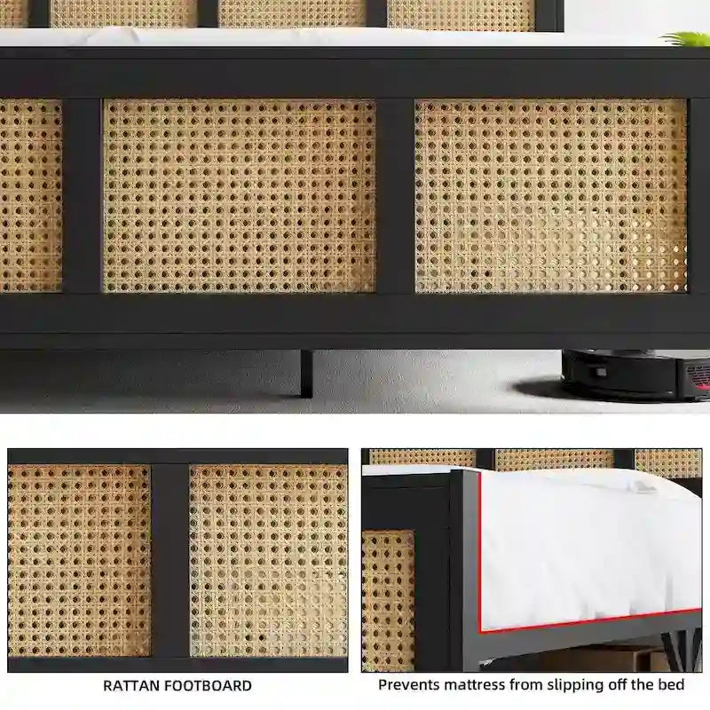 Bed Frame with Rattan Headboard and Footboard