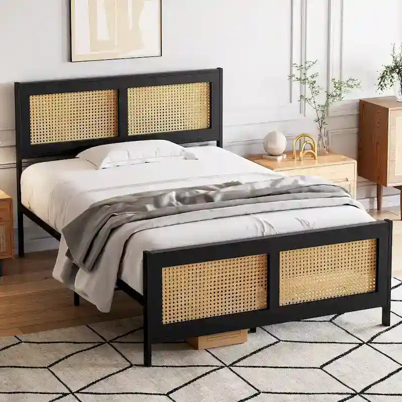 Bed Frame with Rattan Headboard and Footboard