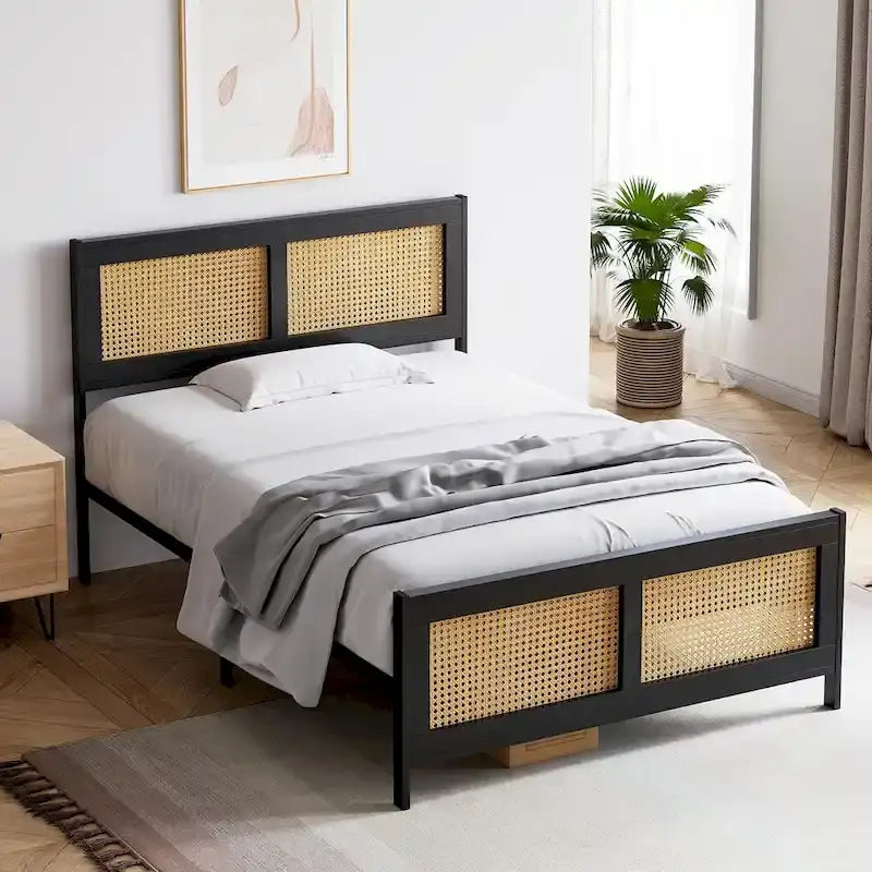 Bed Frame with Rattan Headboard and Footboard