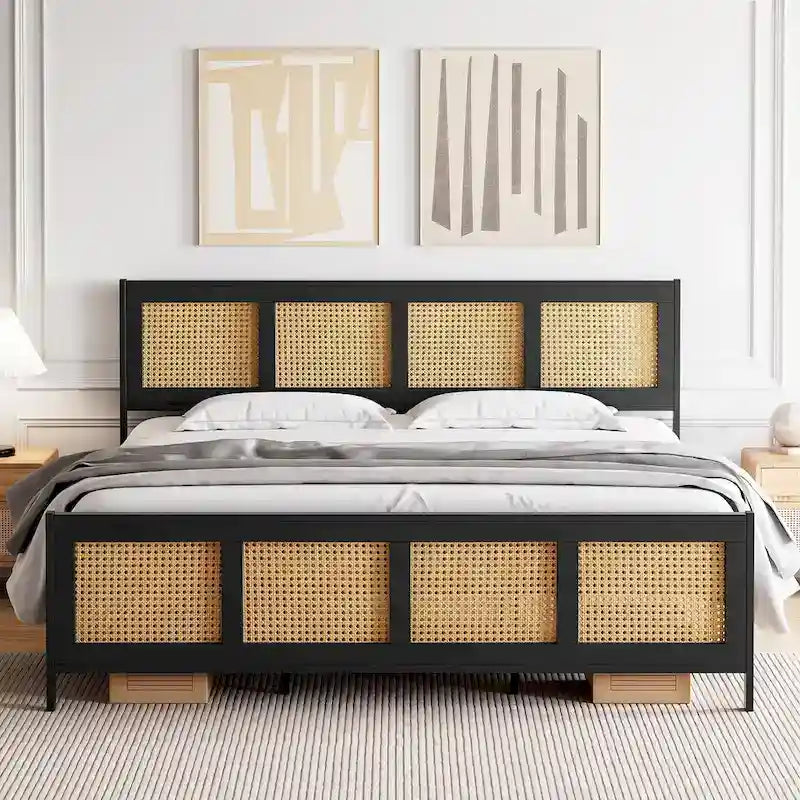Bed Frame with Rattan Headboard and Footboard