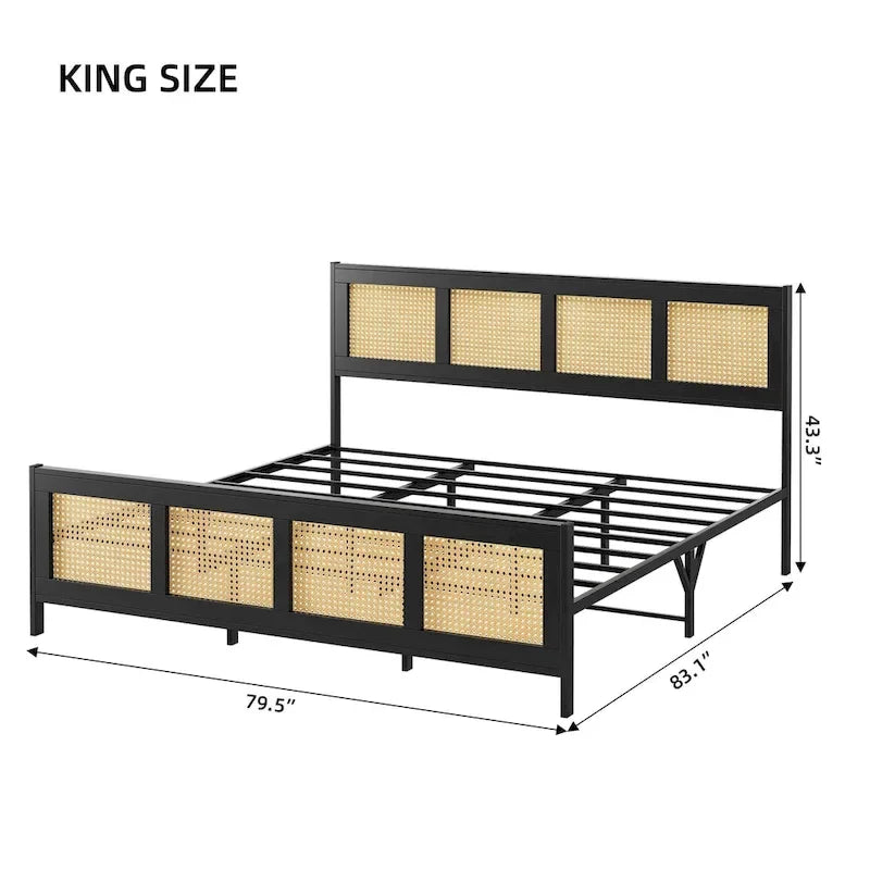 Bed Frame with Rattan Headboard and Footboard