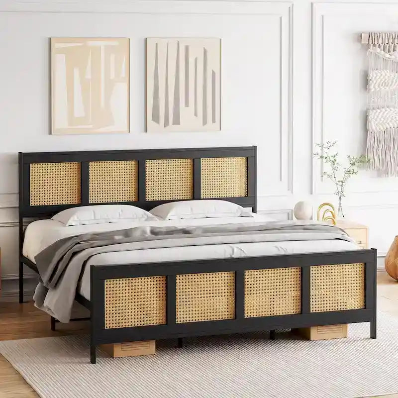 Bed Frame with Rattan Headboard and Footboard