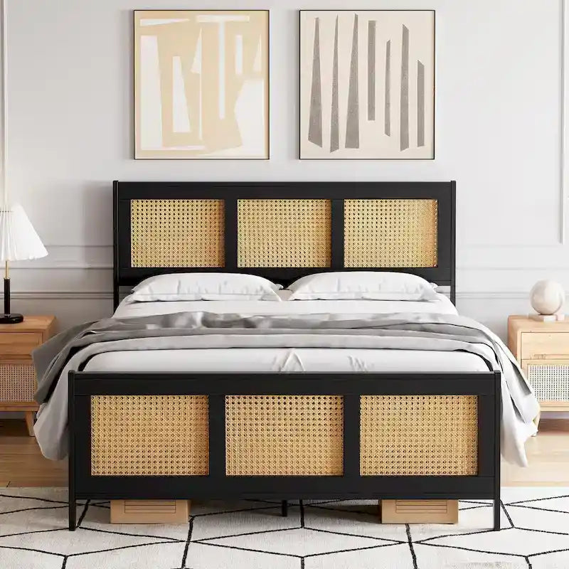 Bed Frame with Rattan Headboard and Footboard