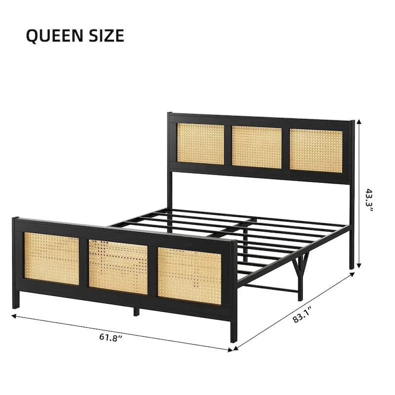 Bed Frame with Rattan Headboard and Footboard