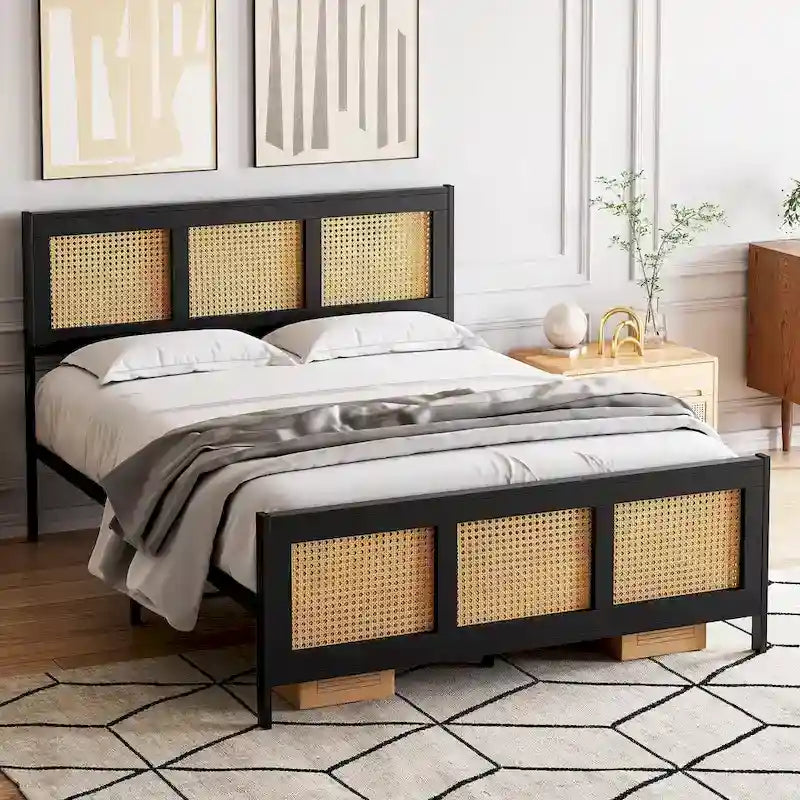 Bed Frame with Rattan Headboard and Footboard