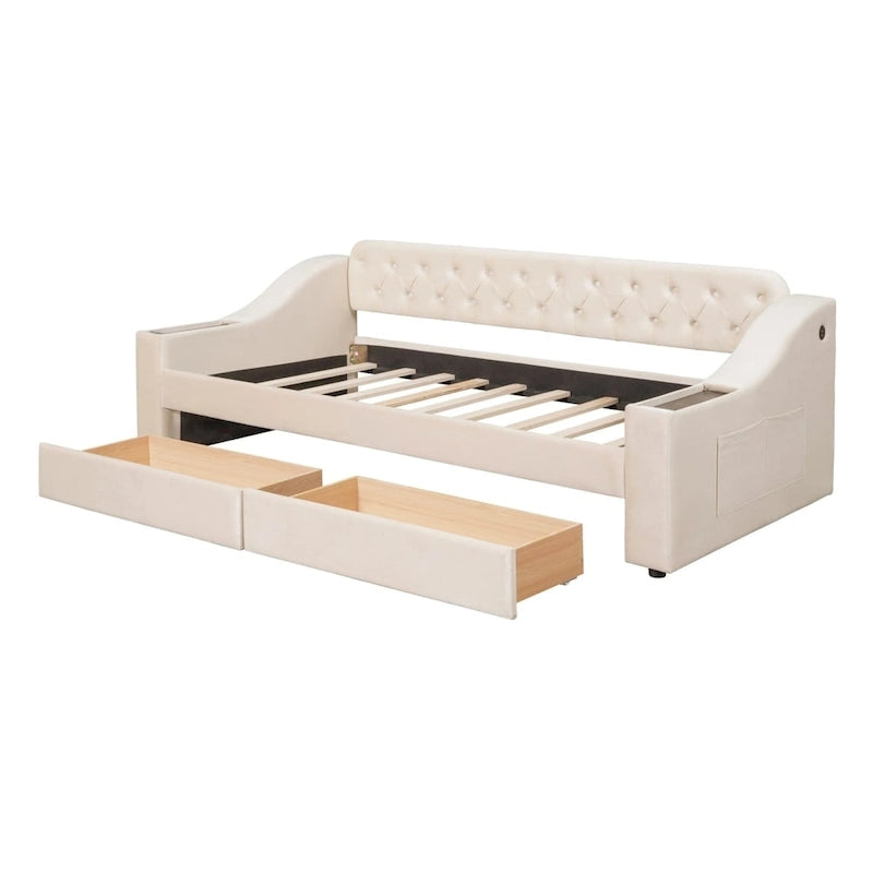 Upholstered Daybed with 2 Storage Drawers, Twin Size Daybed Frame with Storage Armrests and USB Port, Sofa Bed Frame for Bedroom