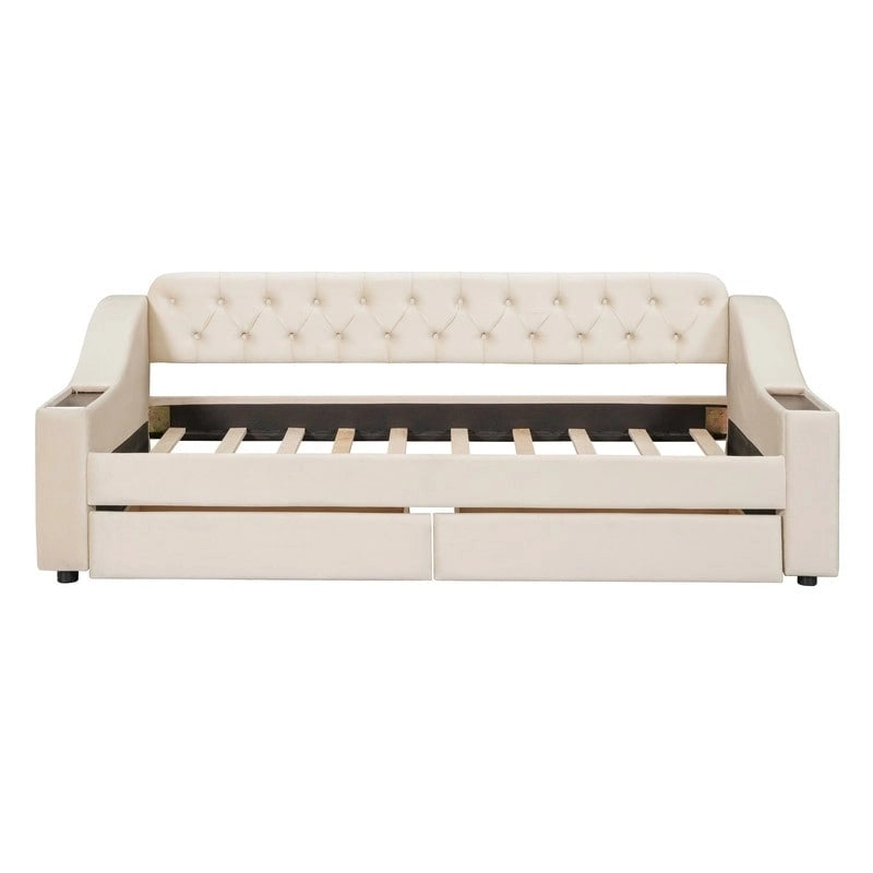Upholstered Daybed with 2 Storage Drawers, Twin Size Daybed Frame with Storage Armrests and USB Port, Sofa Bed Frame for Bedroom