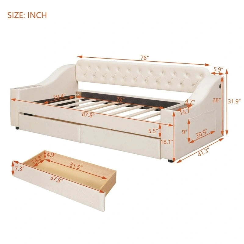 Upholstered Daybed with 2 Storage Drawers, Twin Size Daybed Frame with Storage Armrests and USB Port, Sofa Bed Frame for Bedroom