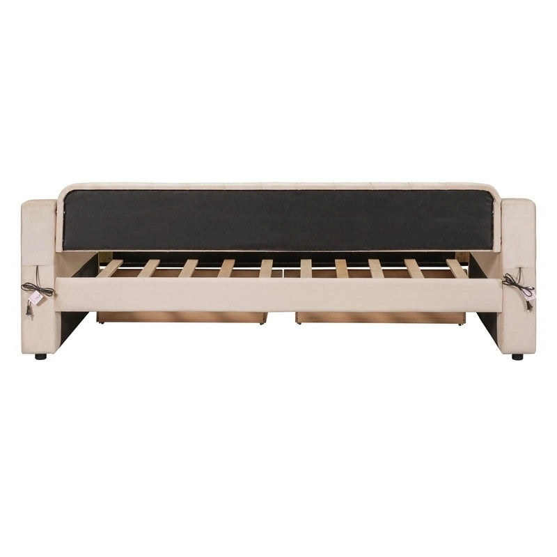 Upholstered Daybed with 2 Storage Drawers, Twin Size Daybed Frame with Storage Armrests and USB Port, Sofa Bed Frame for Bedroom