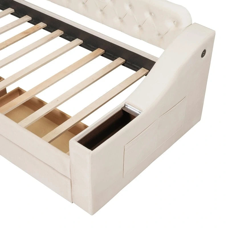 Upholstered Daybed with 2 Storage Drawers, Twin Size Daybed Frame with Storage Armrests and USB Port, Sofa Bed Frame for Bedroom