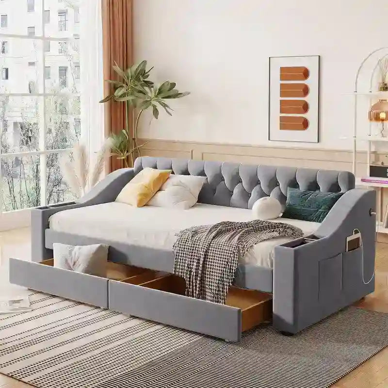 Upholstered Daybed with 2 Storage Drawers, Twin Size Daybed Frame with Storage Armrests and USB Port, Sofa Bed Frame for Bedroom