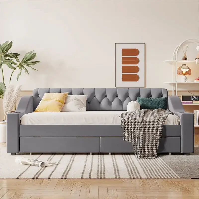 Upholstered Daybed with 2 Storage Drawers, Twin Size Daybed Frame with Storage Armrests and USB Port, Sofa Bed Frame for Bedroom