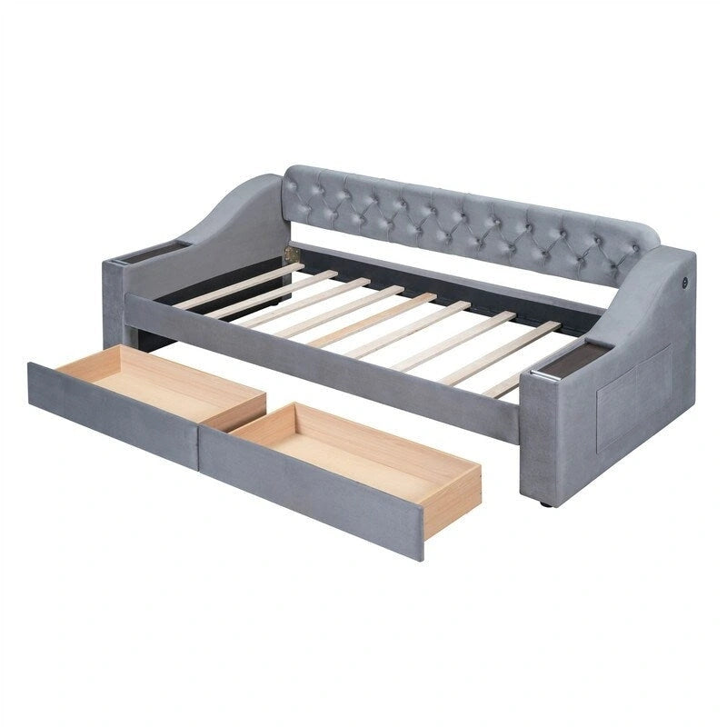 Upholstered Daybed with 2 Storage Drawers, Twin Size Daybed Frame with Storage Armrests and USB Port, Sofa Bed Frame for Bedroom