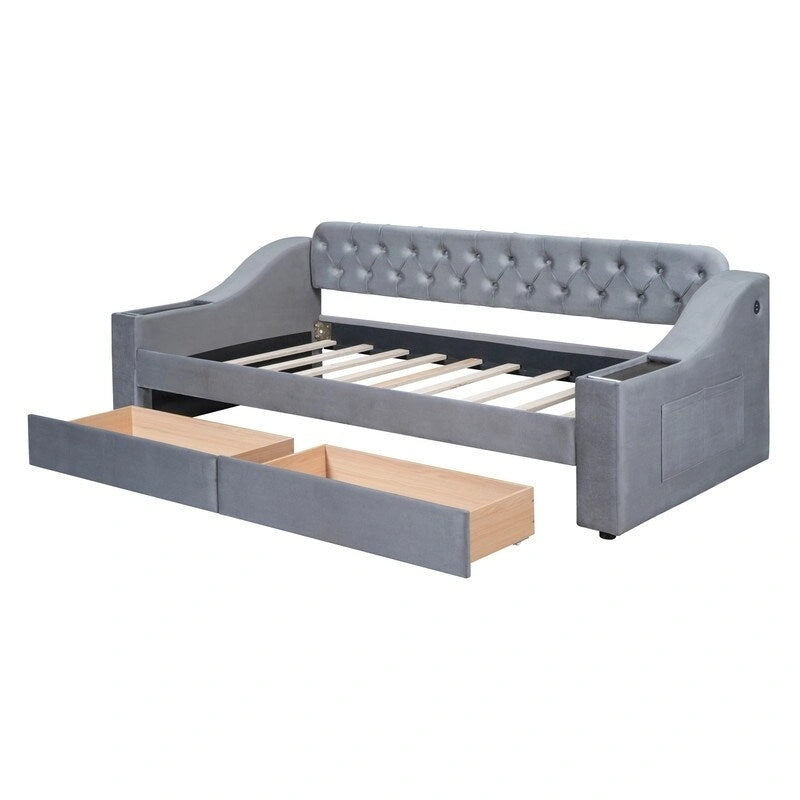 Upholstered Daybed with 2 Storage Drawers, Twin Size Daybed Frame with Storage Armrests and USB Port, Sofa Bed Frame for Bedroom