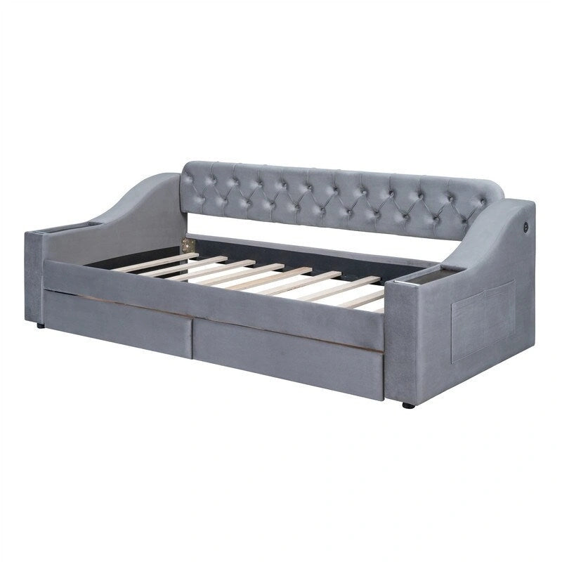 Upholstered Daybed with 2 Storage Drawers, Twin Size Daybed Frame with Storage Armrests and USB Port, Sofa Bed Frame for Bedroom