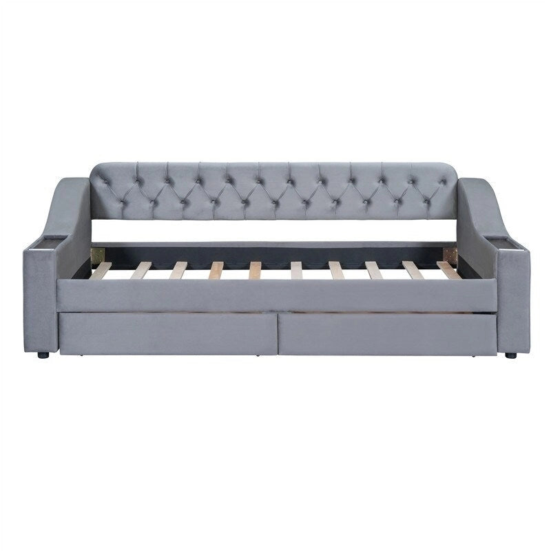 Upholstered Daybed with 2 Storage Drawers, Twin Size Daybed Frame with Storage Armrests and USB Port, Sofa Bed Frame for Bedroom