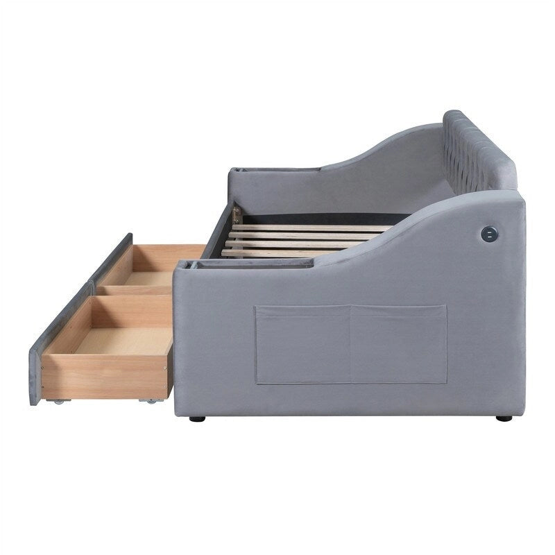 Upholstered Daybed with 2 Storage Drawers, Twin Size Daybed Frame with Storage Armrests and USB Port, Sofa Bed Frame for Bedroom